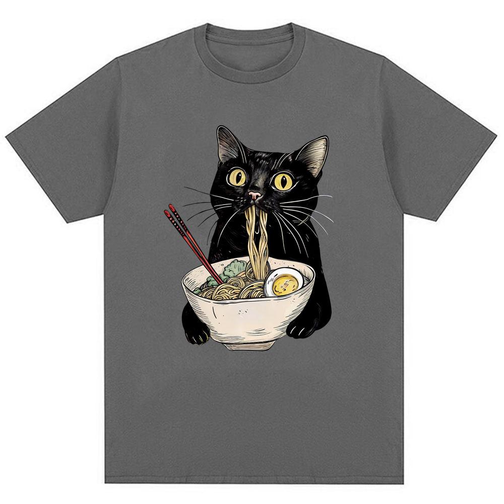Funny Noodle Ramen Black Cat Graphic T-shirt Fashion Men's Women's Popular Short Sleeve Y2K Oversized Cotton T Shirts Streetwear
