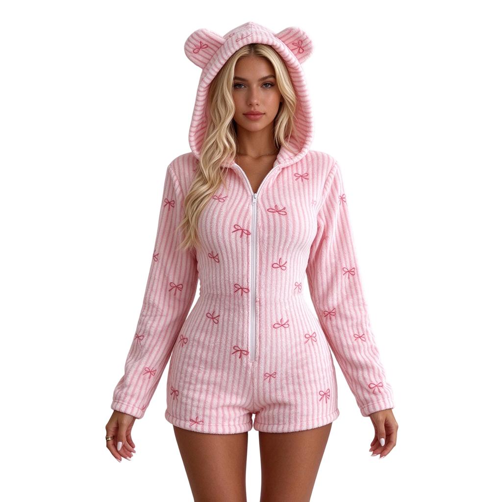 Women's Casual Striped Hooded Pajama Romper Shorts with for Lounging