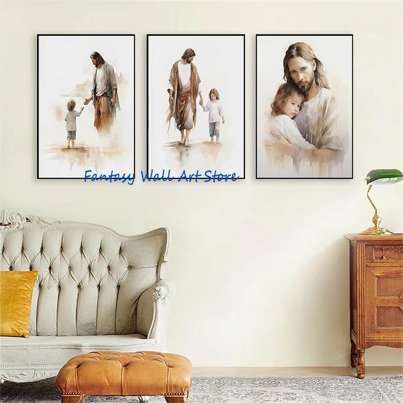 Jesus og Barn Kristus med Gutt Jesus Portrett Kristus Barnehage Akvareller Plakat Lerret Maleri Veggbilder Hjemmeinnredning