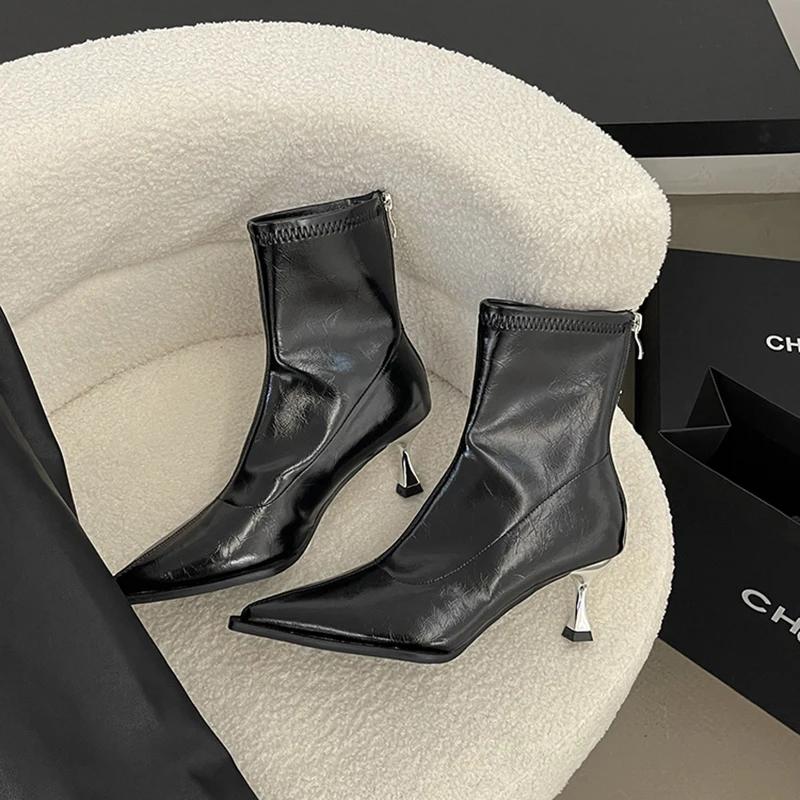 

Дизайнерские серебристые женские ботильоны, модные элегантные туфли на молнии, осенне-зимние туфли на высоком каблуке, эластичные современные короткие ботильоны 40