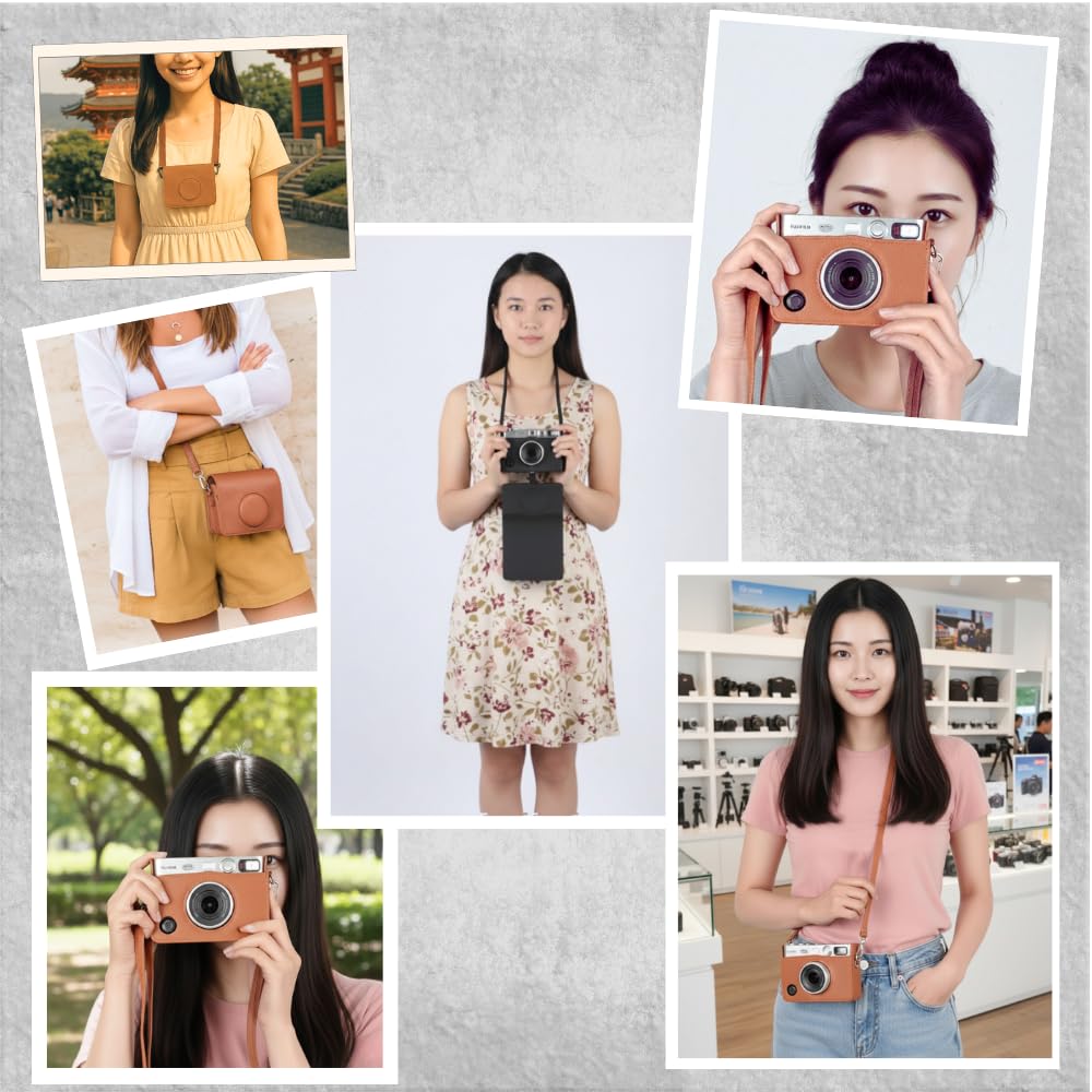 Instax Mini Evo Case with PU Leather and Magnetic Snap Shoulder Strap (Black)