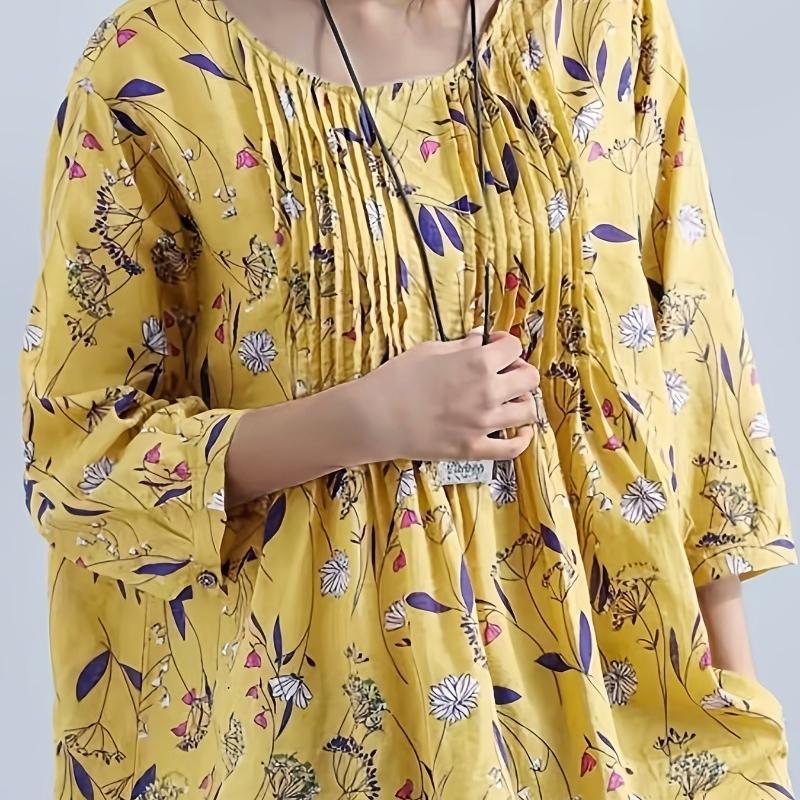 Plus Size S-5XL Women Fashion Floral Printed 3/4 Sleeve Shirt Loose Retro Color Shirt Ladies Blouse Tops