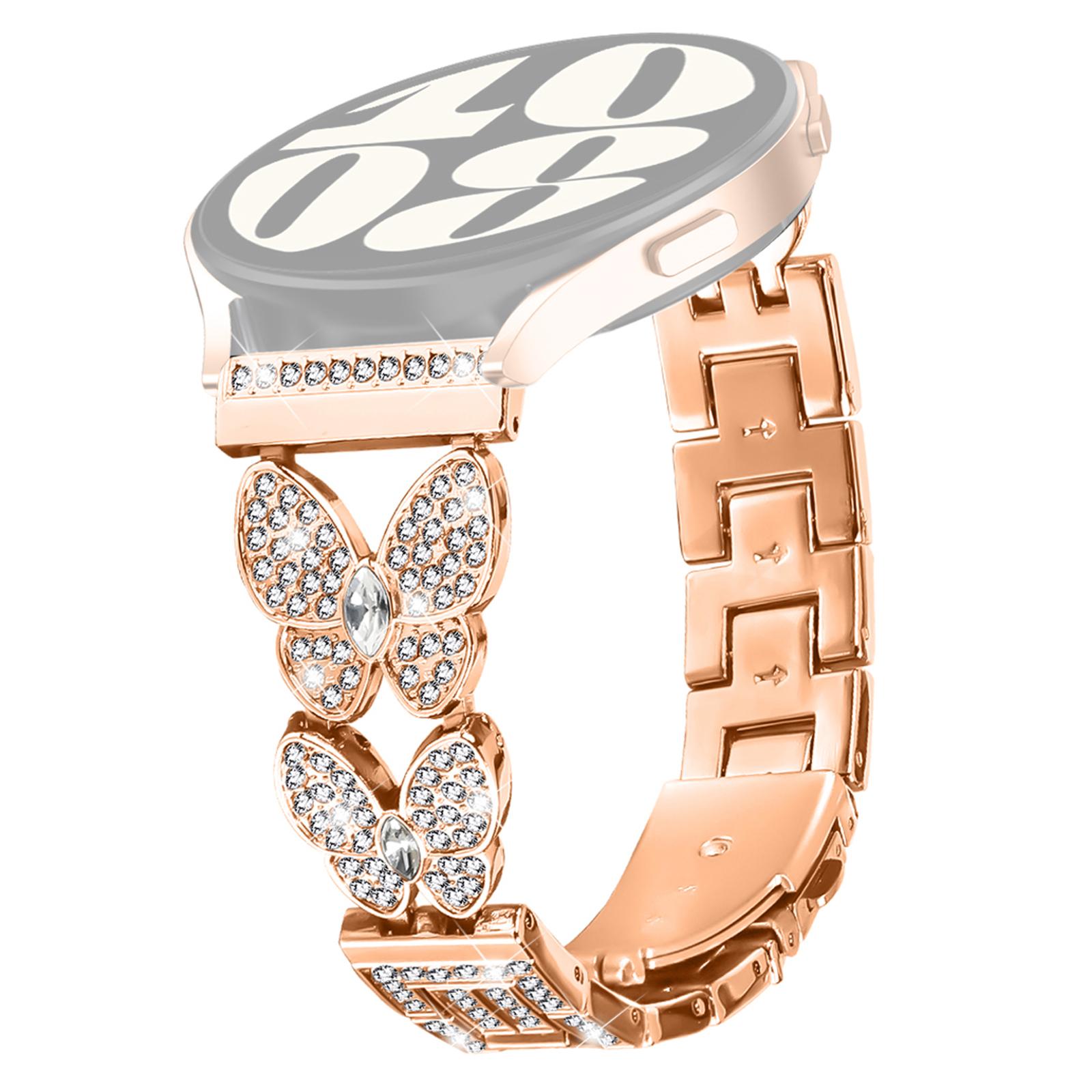 

For Huami Amazfit GTR 47mm Metal Band Butterfly Rhinestones Decor Watch Strap Rose Gold