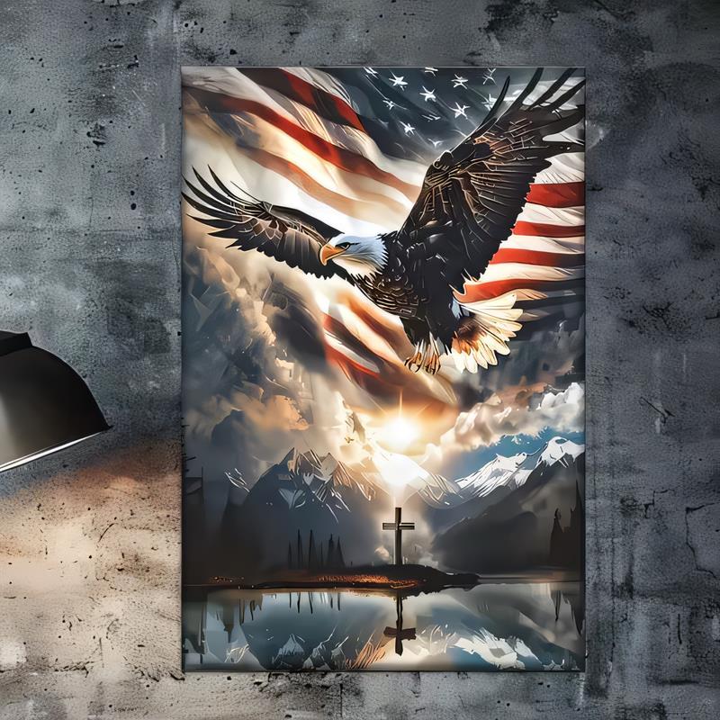Tin Sign Eagle Cross American Flag Patriotic Wall Art Metal Poster Vintage for Bar Pub Man Cave Garage Decor Outdoor Indoor G