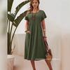 Nouvelle robe d'été grande taille pour femme, décontractée, col rond, avec poches, coupe ample, en coton et lin