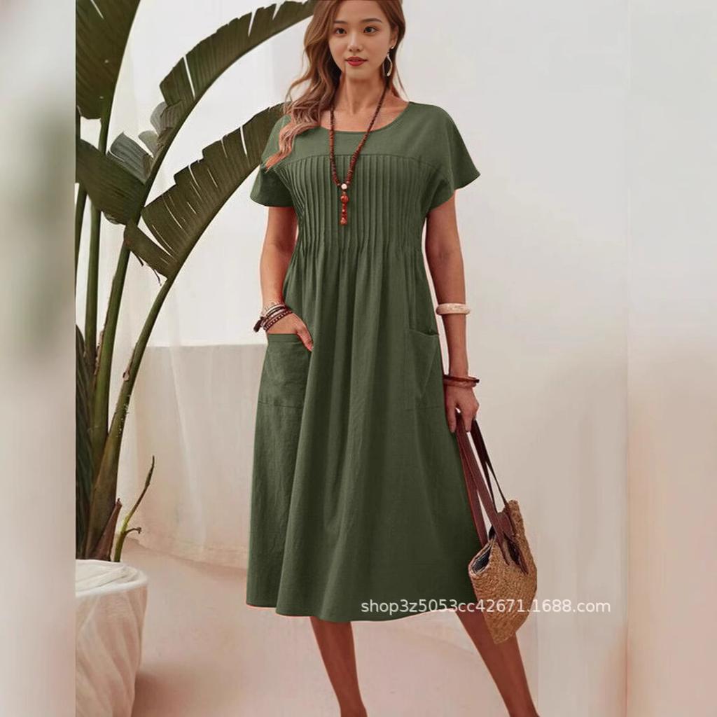Nouvelle robe d'été grande taille pour femme, décontractée, col rond, avec poches, coupe ample, en coton et lin