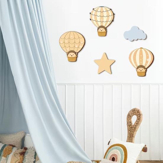5 Pcs Hot Air Balloon Wall Decor with Cloud And Star Boho Wooden Nursery Wall Art Cartoon Hedgehog Hanging Sign for Kid's Room Playroom