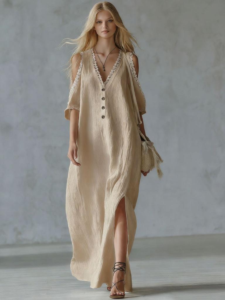 Nouvelle Robe Casual Femme à Bordure en Dentelle Épaules Dégagées Jupe Longue