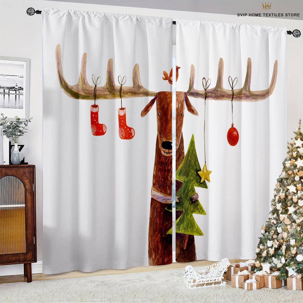 Christmas Animated Design Pattern Print Curtain, Snowflake Ball, Burgundy Car, Bedroom, Restaurant, New , Holiday Party Decoration, 2 Pcs