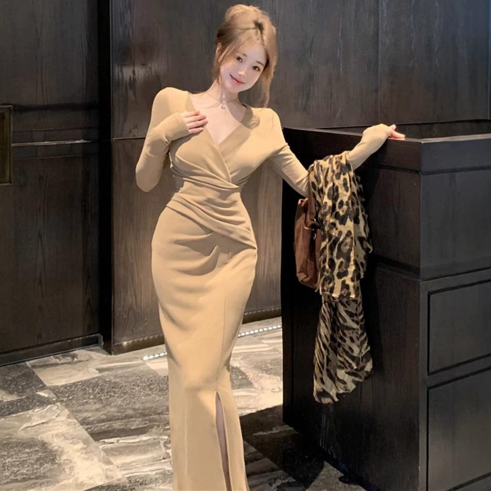 Sexy solid color cross v-neck long-sleeved dress temperament women's autumn and winter slim-fitting tight waist-wrapped hip-wrapped split-ended long d