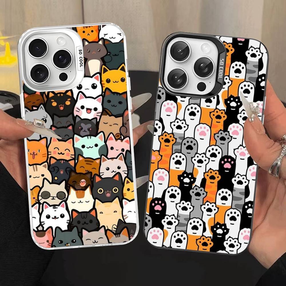 Cartoon Cute Cats Background Phone Case For IPhone 17 16 15 14 11 12 13 Pro Max Pro Plus Colored Silver Cover