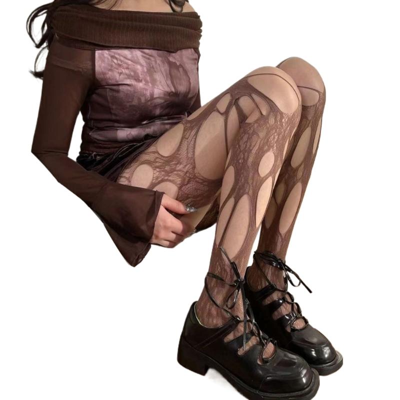 Women Goth Sexy See Through Fishnet Tights Stockings Hollowed Out Irregular Distressed Hole Sheer Mesh Pantyhose