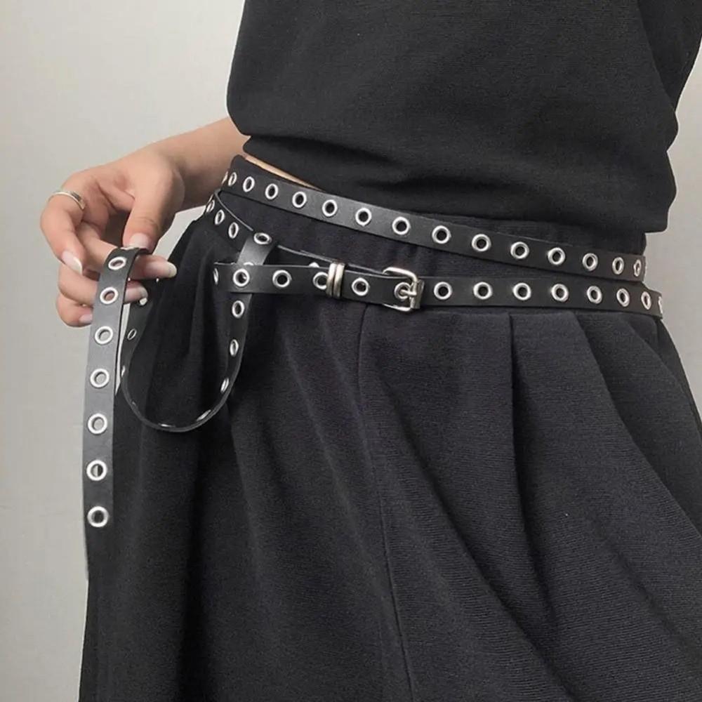Adjustable Double Loop Thin Belt PU Leather High Quality Waist Chain Double Layer Rivet Eyelet Buckle Belts Dress Accessories