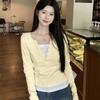 Women Fake Two Piece Long Sleeve T-Shirt V Neck Button Slim Cropped Casual Top S-XL
