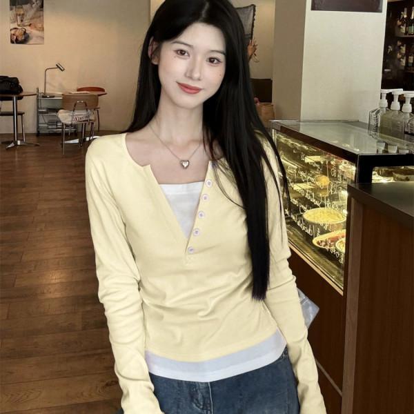 Women Fake Two Piece Long Sleeve T-Shirt V Neck Button Slim Cropped Casual Top S-XL