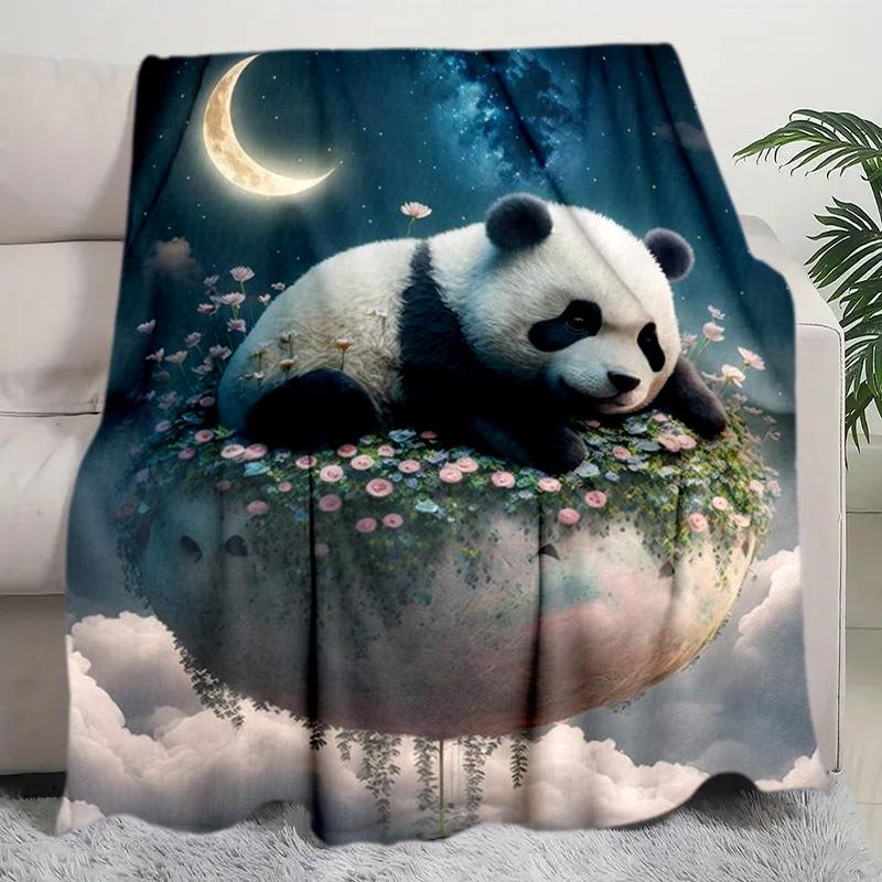 Contemporary Knitted Polyester Flannel Panda Blanket - Digital Print All-Season Bedding, Tear Resistant, Hand Wash - Versatile