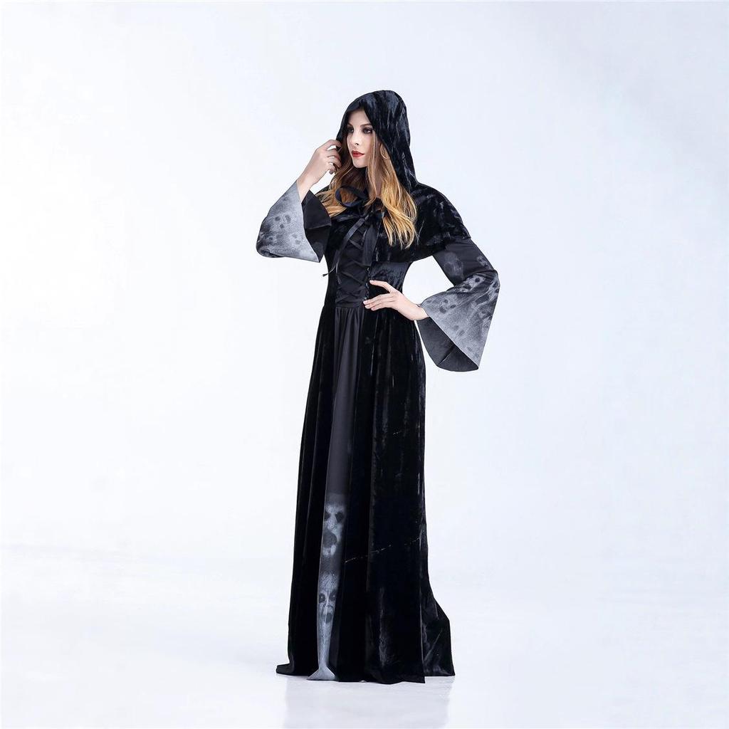 Halloween Grim Reaper Long Dress Costume for Women - Skeleton Vampire Role-Play