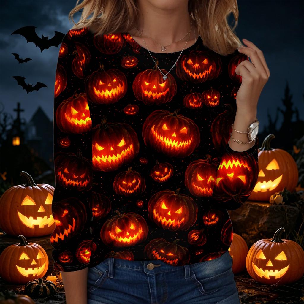 Women's Halloween Print Pullover Sweatshirt Long Sleeve Crewneck Top Casual Loose Fit Lightweight Pullover
