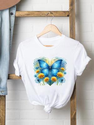 (Asiatisk storlek) Tryck Kvinnlig Dam tryck fjäril blomma trend Mode T-shirt Topp Kläder T-shirt Dam Kortärmad Grafiska T-shirts
