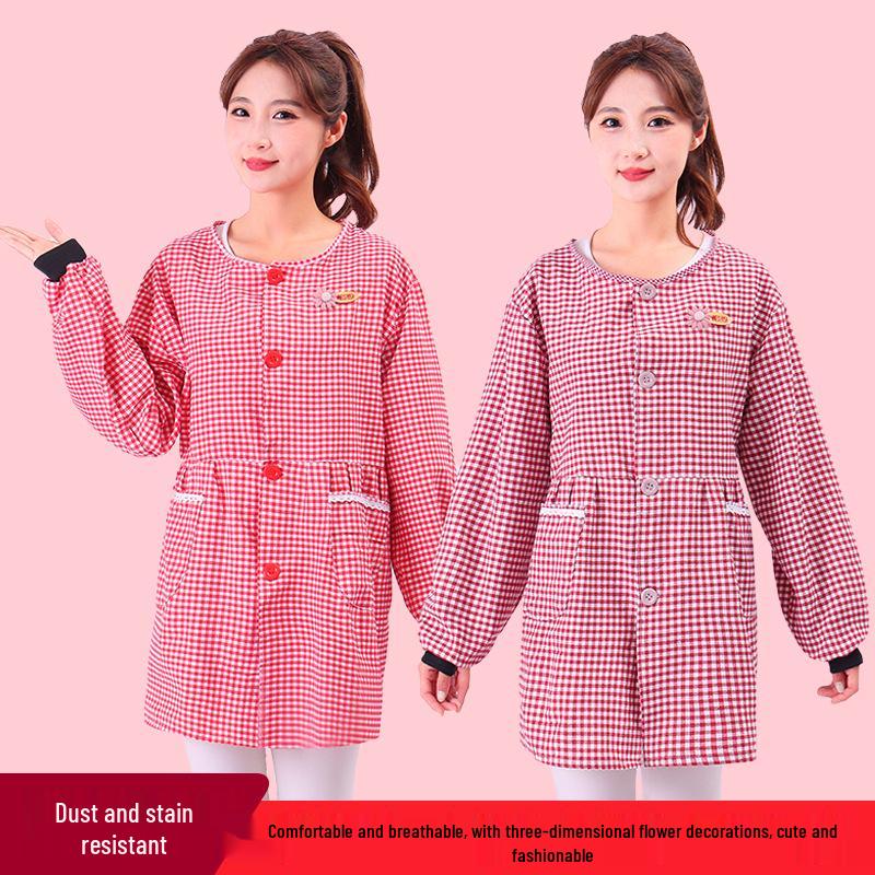 Plaid Long-Sleeve Apron Smock for Adults - Korean Style