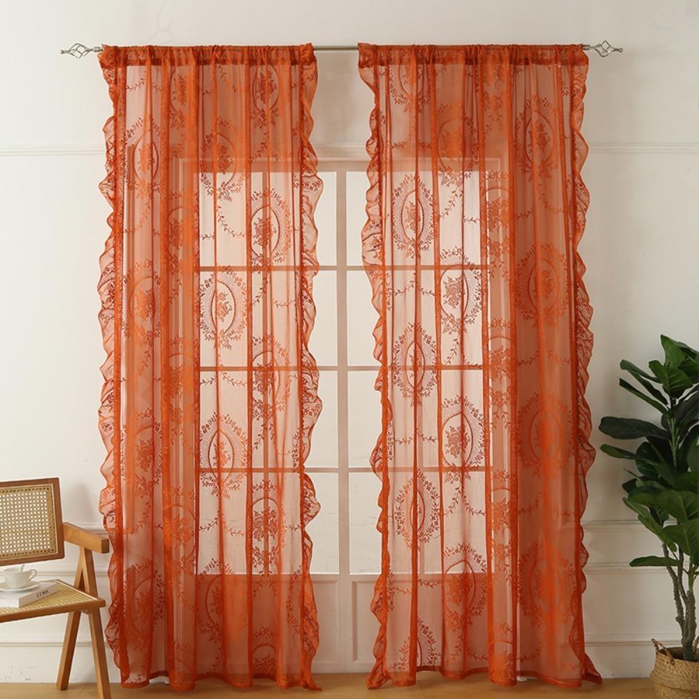 2 Pcs Ruffled Edge Gauze Curtain Retro Lace Sheer Curtain Romantic French Lace Floral Curtain  Door