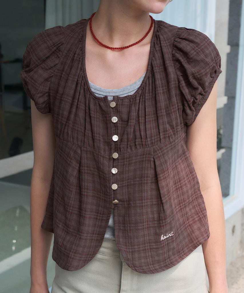 HAINT Mayel Check Puff Embroidery Blouse _Brown