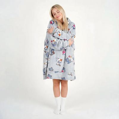 Very Soft Dressing Gown Blanket Robe Lazy Robe Grey Cats 100 Cm