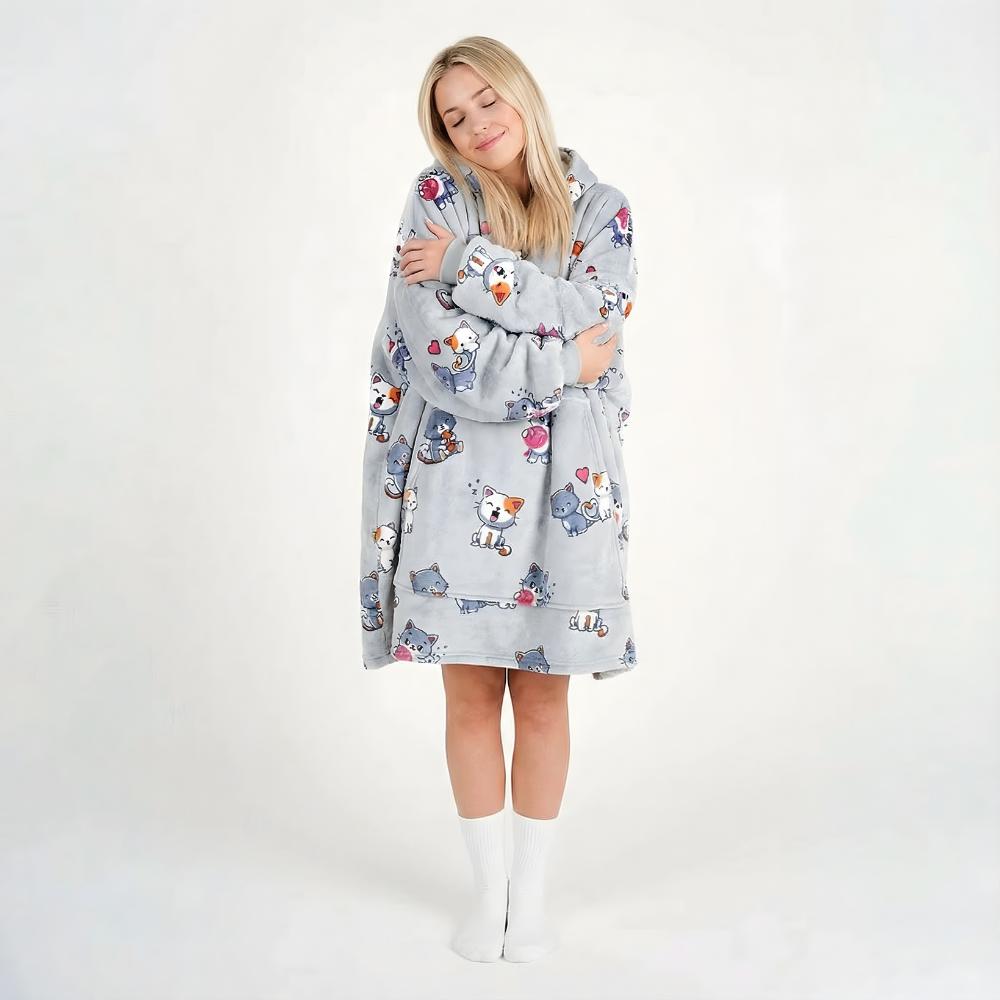 Very Soft Dressing Gown Blanket Robe Lazy Robe Grey Cats 100 Cm