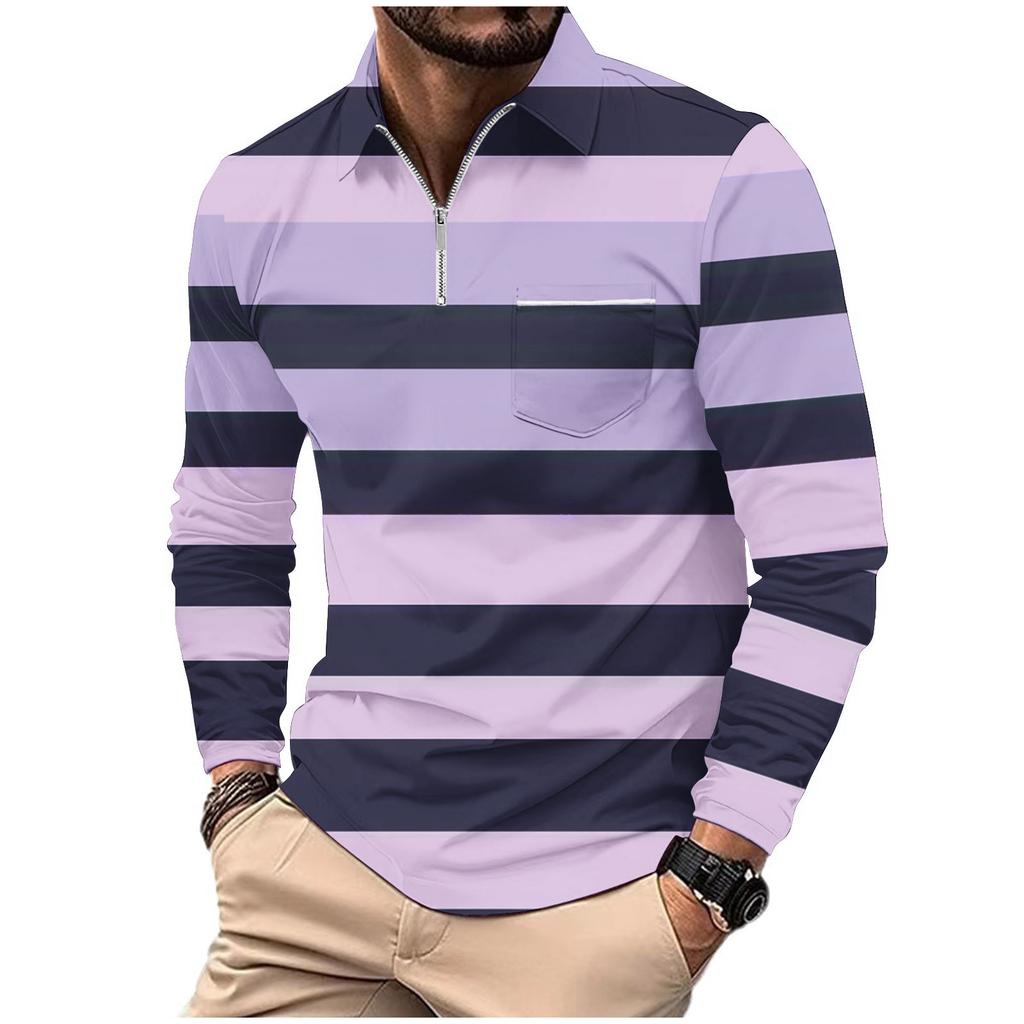 Fashion Polo Shirt Men's Printed Long Sleeve Zip Pocket Sports Polo Shirt Men's Striped Sweatshirt