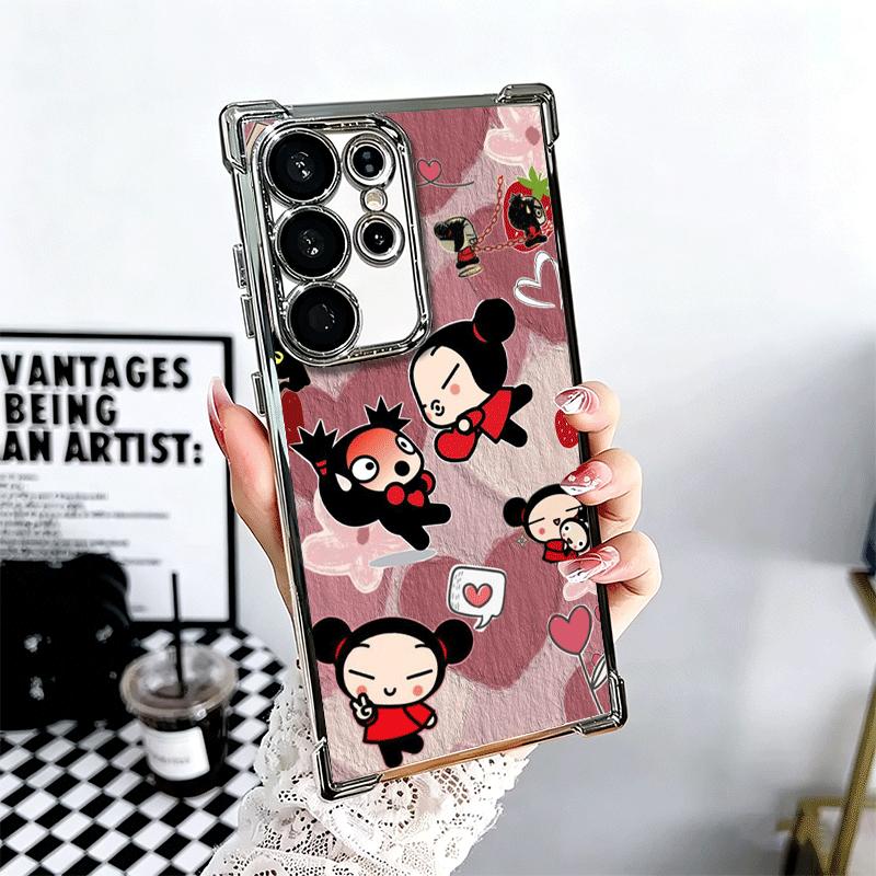 Cartoon Cute Pucca Garu Plating Phone Case For Samsung Galaxy S24 S25 FE S26 Edge S23 Ultra S22 S21 Plus S20 Anti-Fall Airabag C