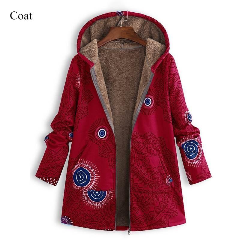 2024 Winter New Women's Leaf Print Hooded Long Sleeve Retro Warm and Thick National Retro Style Casual Coat