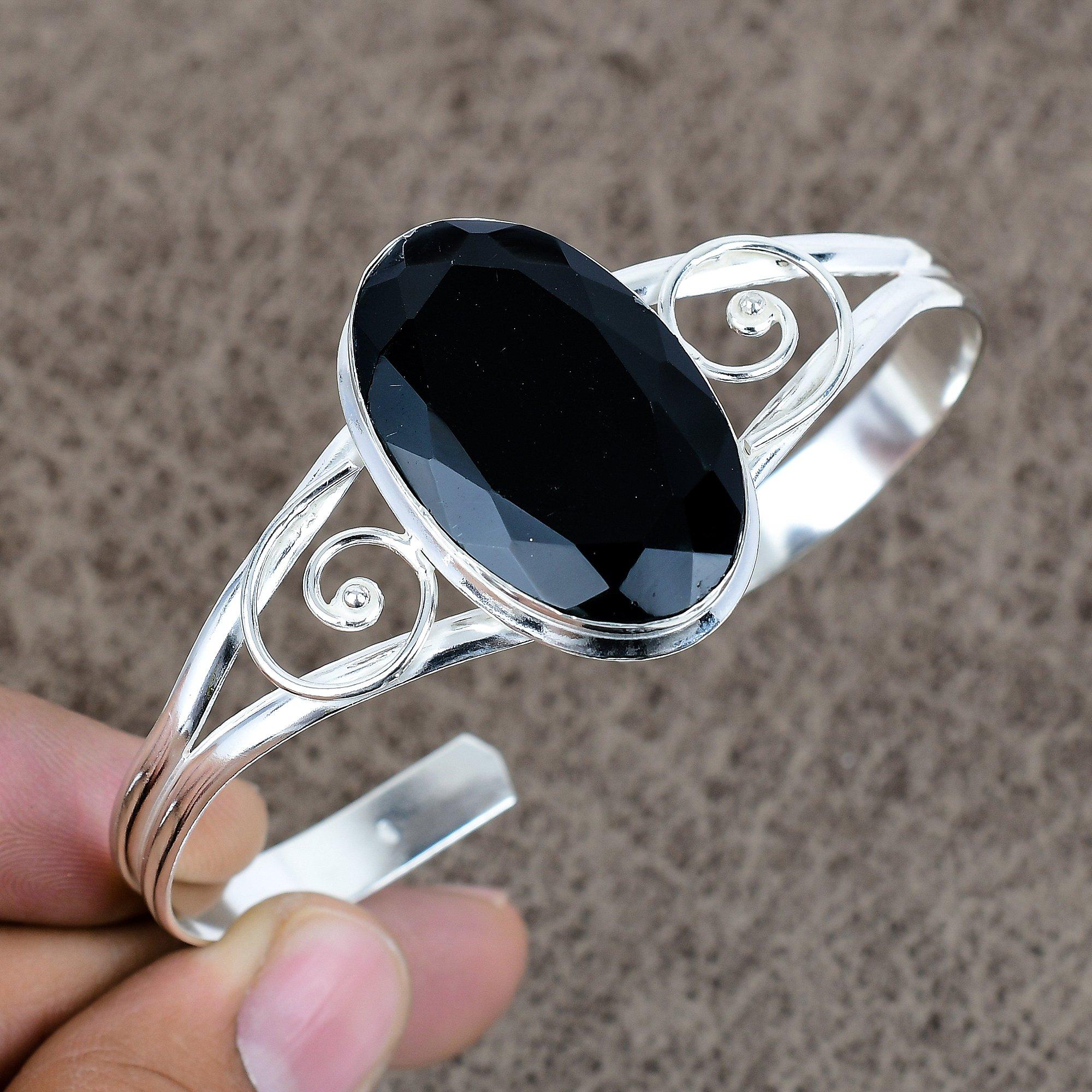 

Black Spinel Gemstone Handmade 925 Sterling Silver Cuff Bangle Adjustable KKG-235