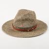 Sombreros de Panamá de Hierba Marina de Verano para Mujer Sombrero de Sol con Banda de Concha de Cuero Sombrero Fedora de Paja de Techo Plano Sombrero de Playa para Fiesta Viaje