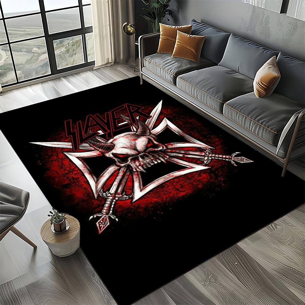 Tapete de Chão 3D Retro Band Slayer Heavy Metal Rock Sinal para Sala de Estar Quarto Casa Decoração de Sofá, Tapete Antiderrapante para Brincar de Criança