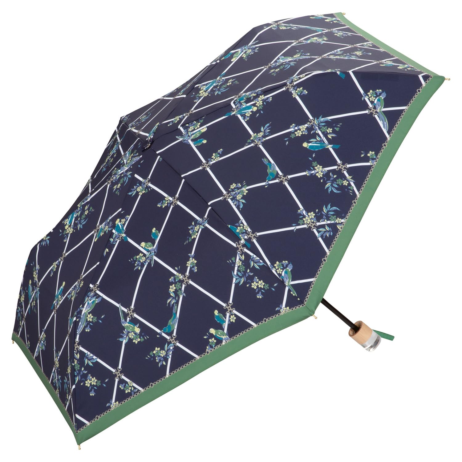 

Зонт складной зонт Bird Cross Mini Navy для солнечных и дождливых дней, внешние спицы 50 см, 190 г, легкий, женский, с птицами и цветами, ретро, стильный, милый