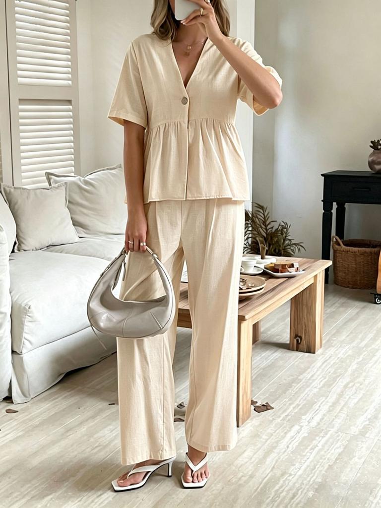Europe, America, Cross-border Amazon Foreign Trade Fashionable and Elegant V-neck Loose Short-sleeved Top and Wide-leg Pants Two-piece Set