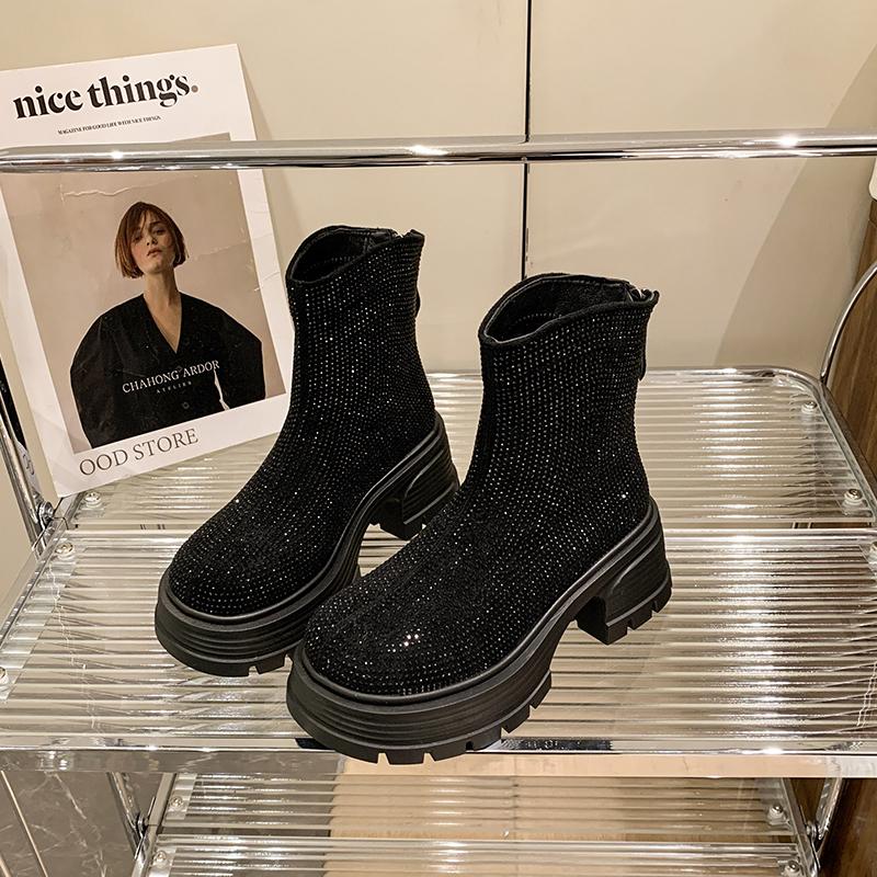 Женские ботильоны на платформе с кристаллами, роскошные туфли на высоком каблуке, женские брендовые дизайнерские зимние тренды 2025 года, удобные, на толстой молнии, Botas Mujer 40 чёрный
