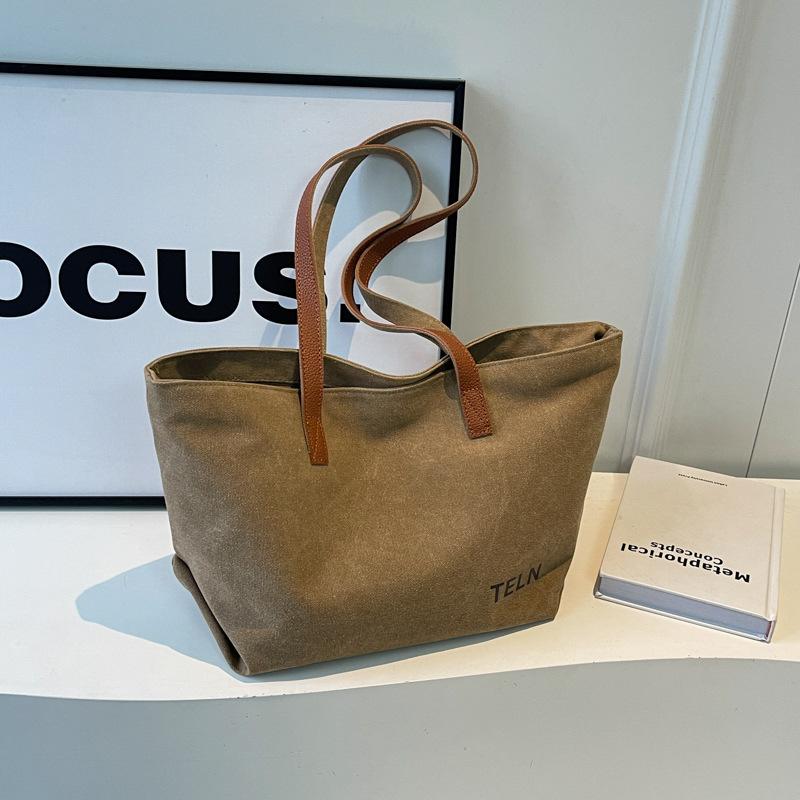 Retro large-capacity canvas tote bag women's bag 2025 new ins casual simple commuter shoulder bag underarm bag