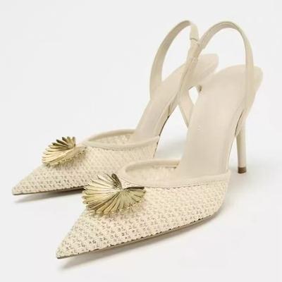 Novelty Mesh Appliques Decorated Pumps Women Sexy Pointed Toe Slingbacks Thin Heel Designer Shoes Comfortable Party Dress Shoes