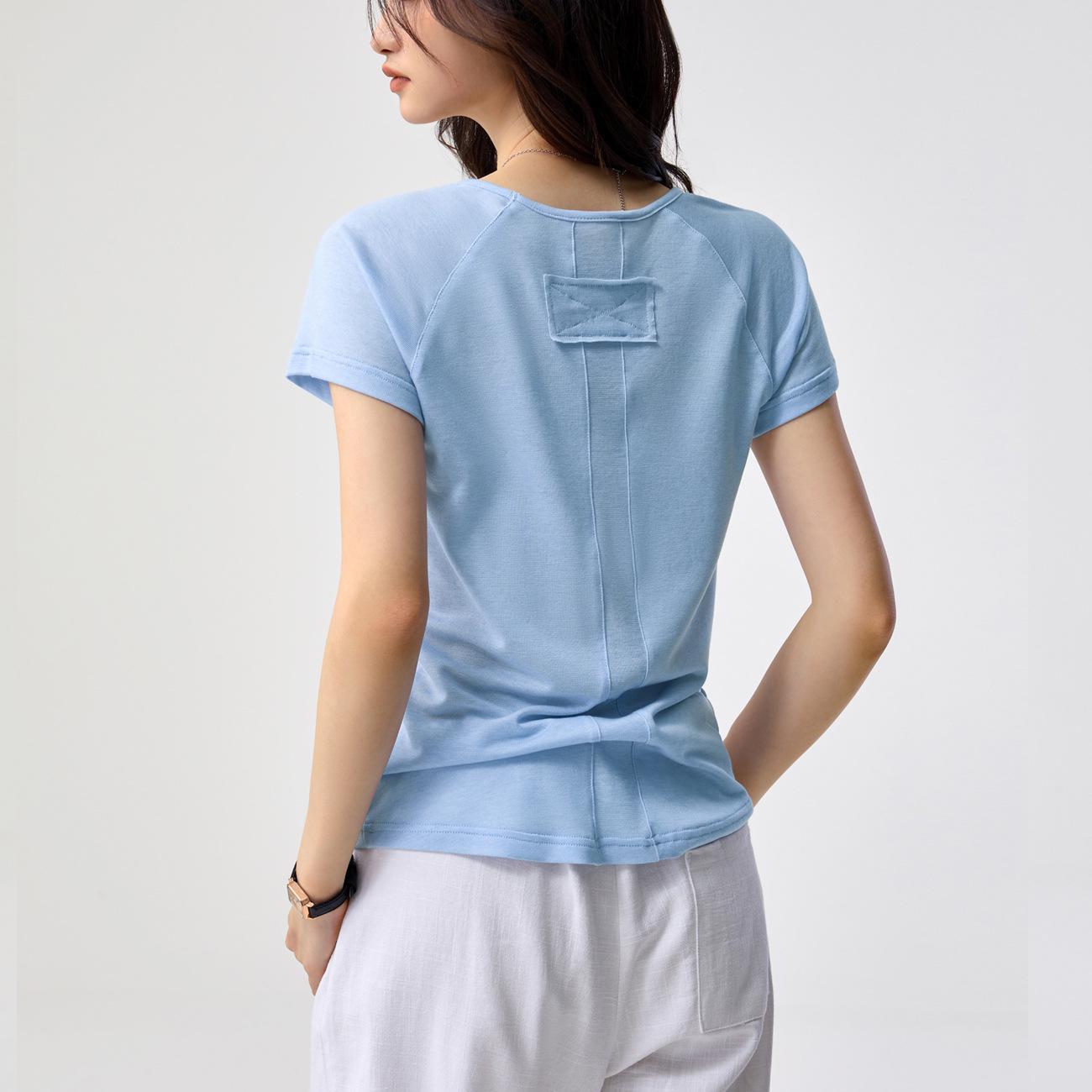 Women s Tencel Wool Sheer V-Neck Short Sleeve Top - Lightweight, Slimming, Versatile Summer Style. Large