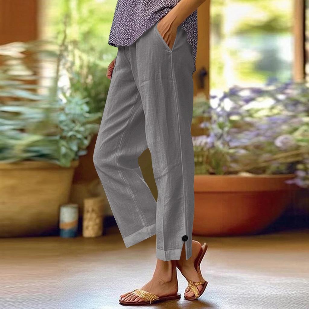 Women's Fashion Solid Color Loose Solid Color Elastic Waist Pocket Straight Leg Casual Cropped Pants