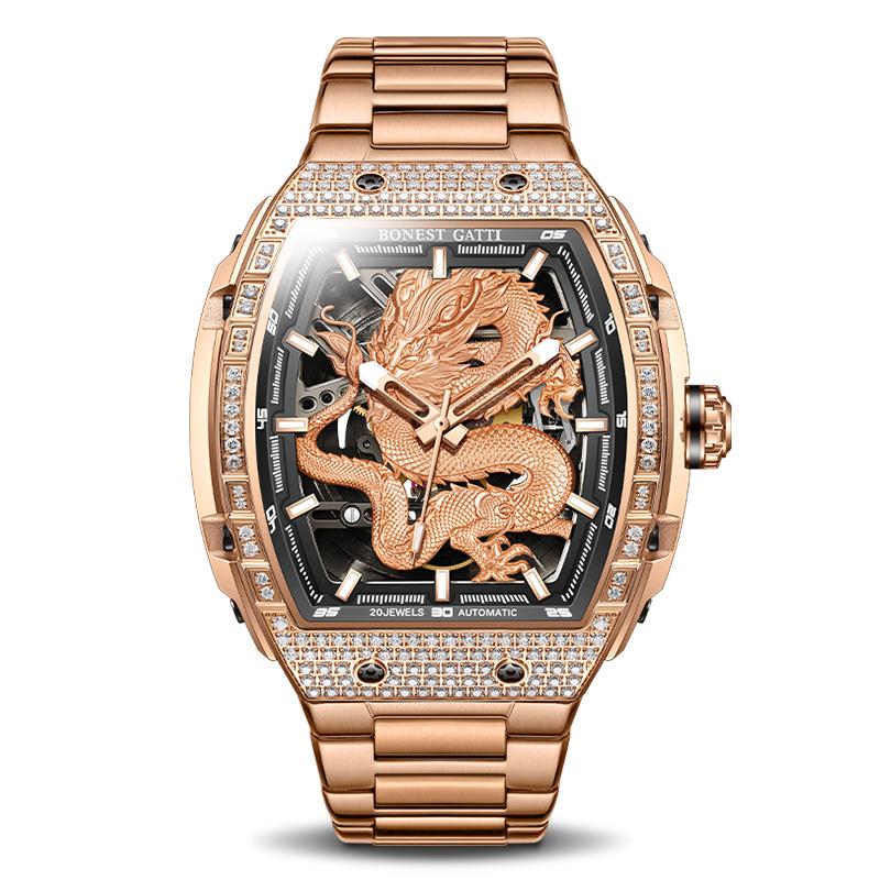 BONEST GATTI Men's Watch Fashion Mechanical Watch Stainless Steel Strap Dragon Element Wristwatch Luminous Classic Watches