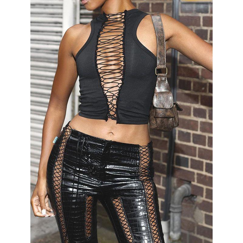 Outfitgirl Black Personalized Lace-up Sleeveless Tops 2025 Summer New Arrival All-Matching Slim Fit Cropped Tank Top