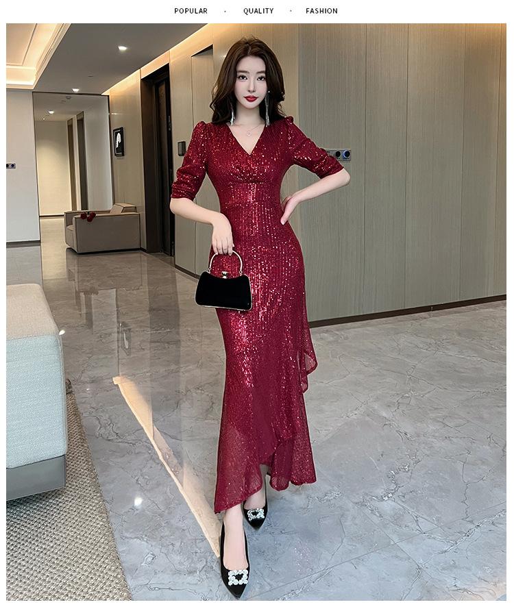 Schwarzes Abendkleid Damen High-End Light Luxury Nische Bankett Gastgeber Pailletten Fischschwanzkleid