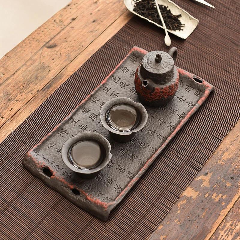 Vintage Coarse Clay Tea Tray - Aged Rock Mud Ceramic Tabletop Dry Brewing Board, Rectangular Kungfu Tea Set with Non-Slip Base