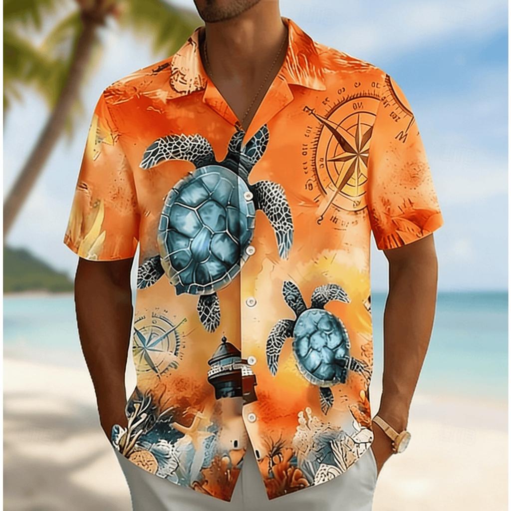 Men's Ocean Turtle Compass Lighthouse Print Short Sleeve Shirt, Summer Nautical Hawaiian Vacation Blouse