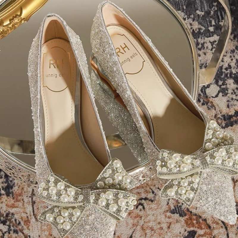 Silver-white Bridal Shoes Main Wedding Dress Xiuhe Crystal Shoes Bridal Wedding Shoes High Heels Women's French High Heels Bow