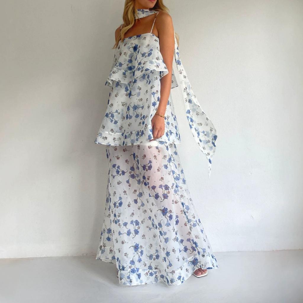  European and American Amazon women's clothing new floral streamer suspender ruffle loose top wide swing long skirt set