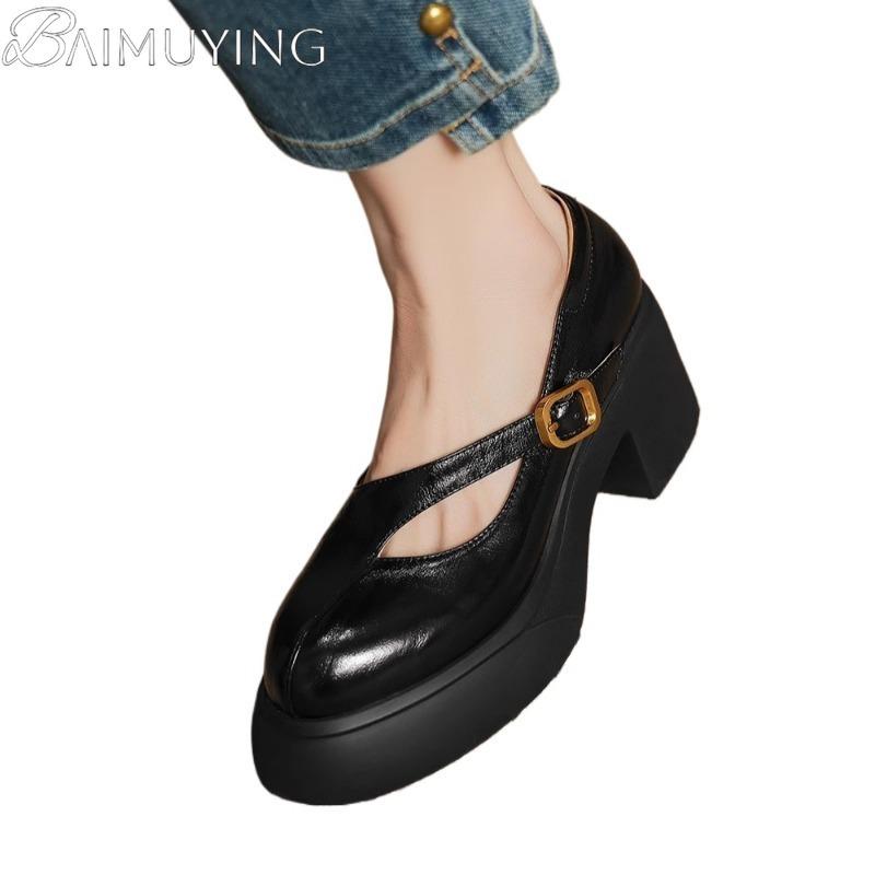 Platform High Heels Woman Shoes Marie Janes Women's Sandals 2025 Summer Shallow Chunky Shoes Soft Leather Elegant Dress Pumps