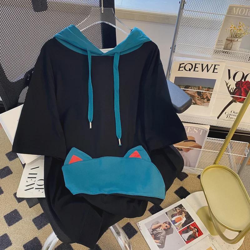 Women's Plus Size Korean Style Casual Loose Short Sleeve Hooded T-Shirt - Summer Design